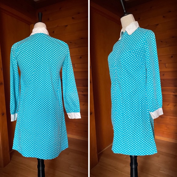 Vintage 60s 70s Blue Polka Dot Zip Front Dress ILGWU Mini Dress XS Small - Picture 2 of 6